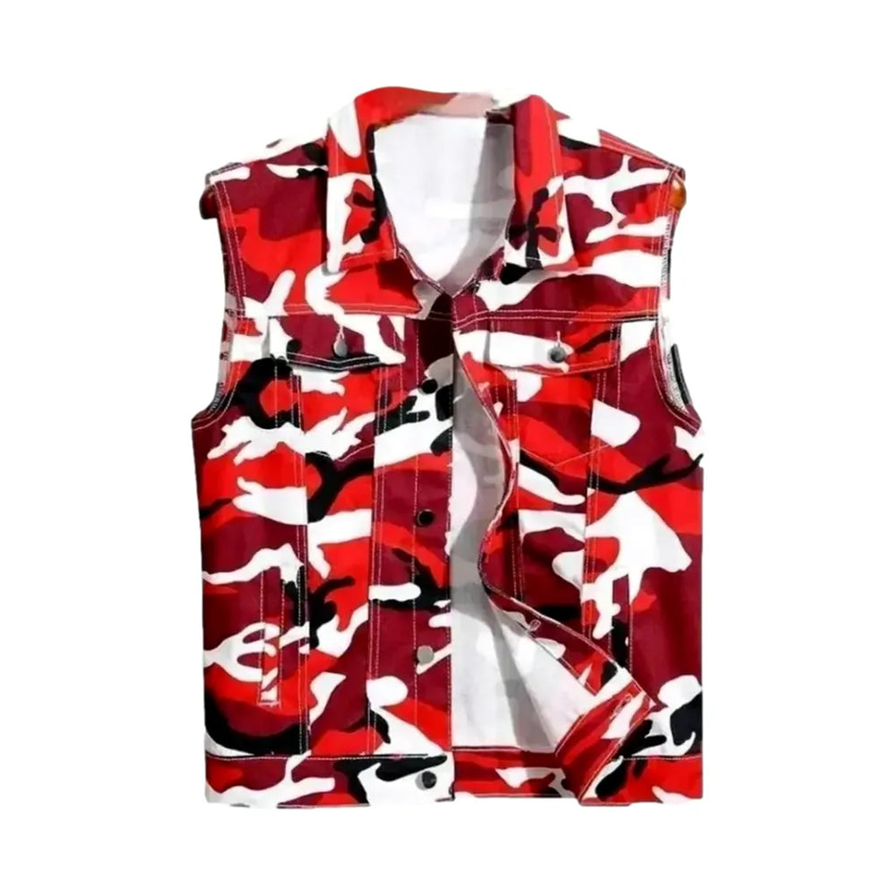 Army Patterned Denim Vest for Men - Red